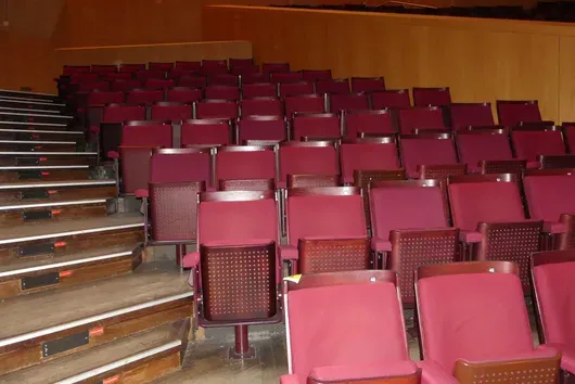 Teater-/salstoler, 9 rader, polstrede klappseter, rød/brun