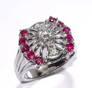 Anillo oro diamante talla antigua 0,64 ct 10 rubíes 0,50 ct 585/14K talla 57/18,2 mm 7,8 g