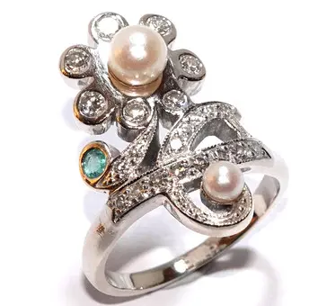 Anillo oro blanco diamantes 0,56 ct esmeralda perlas 585/14K talla 55-56/17,25 mm 8 g