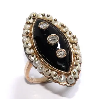 Anillo oro antiguo talla antigua 0,30 ct diamante + ónix + perlas 585/14K talla 57/18,2 mm