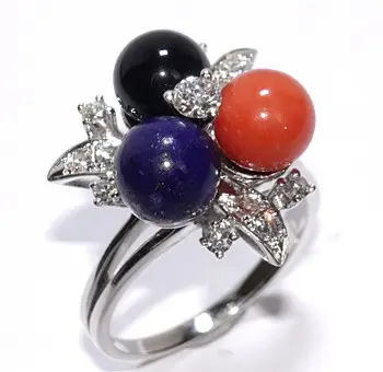 Anillo oro diamantes 0,45 ct coral ónix lapislázuli 585/14 g talla 57/18,35 mm 10,5 g