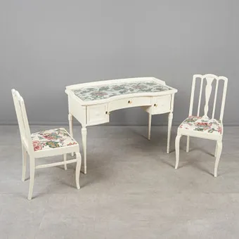 SET birou cu două scaune, lemn, textil, secolul XX (3)