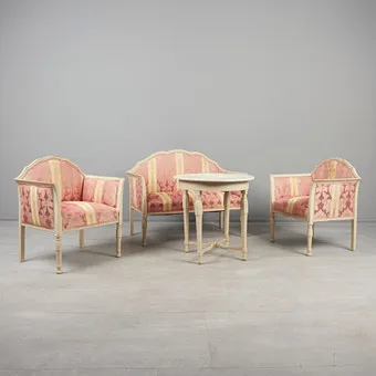 BIEDERMEIER ülőgarnitúra, kanapé, 2 fotel, asztal, fa, textil, 20. század (4)