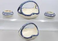 4 skåler, Wilhelm Süß for Karlsruher Majolika jugendstil: stor skål med hanker, liten skål med hanker (hanke brukket), 2 små skåler (1 limt), stor skål ca. h 16 cm, b 23 cm, d 19,5 cm