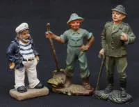 Üç maske figürden oluşan lot: çiftçi, avcı ve denizci, Almanca, 1945 öncesi
