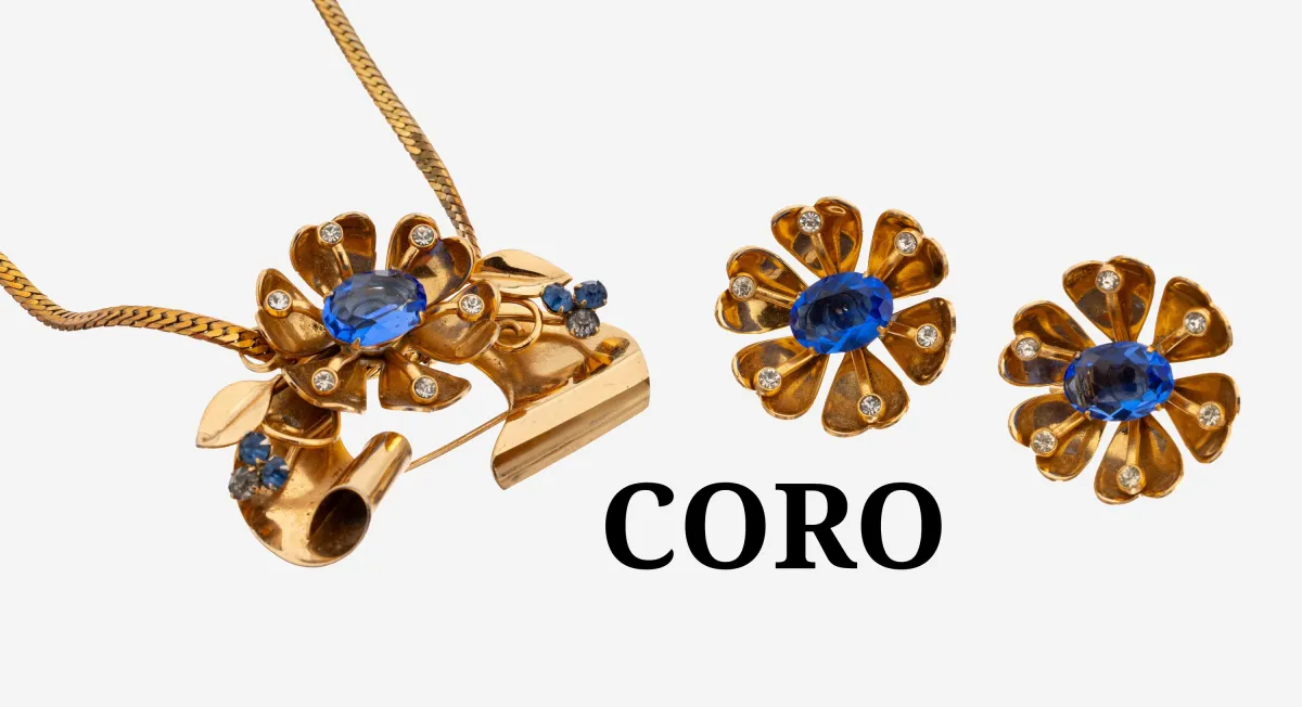 Parure fantaisie CORO, USA années 1950, métal doré, signée, comprenant : collier avec