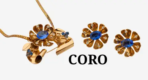 Parure fantaisie CORO, USA années 1950, métal doré, signée, comprenant : collier avec