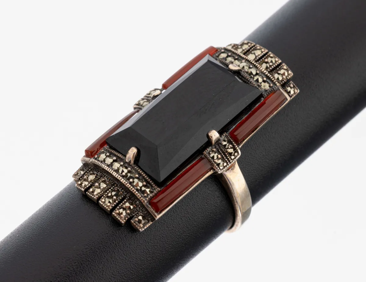 Art Deco prsten onyx-markazit-achát, 30. léta, stříbro 925, geometrický design,