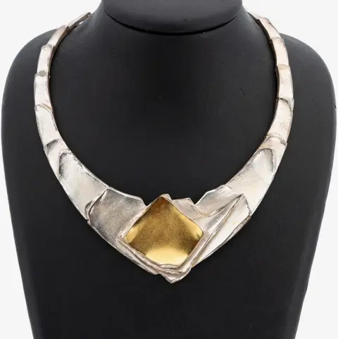Opvallende designer collier, jaren 1970, 925 zilver, abstract organisch