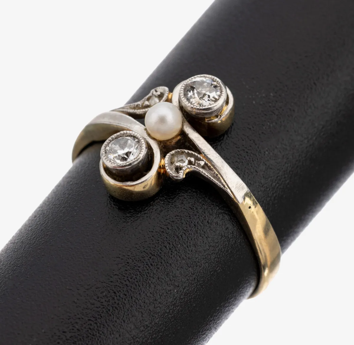 14 kt Gold Jugendstil Diamant-Perl-Ring, um 1900, GG 585/000 gepr., Schauseite Platin,