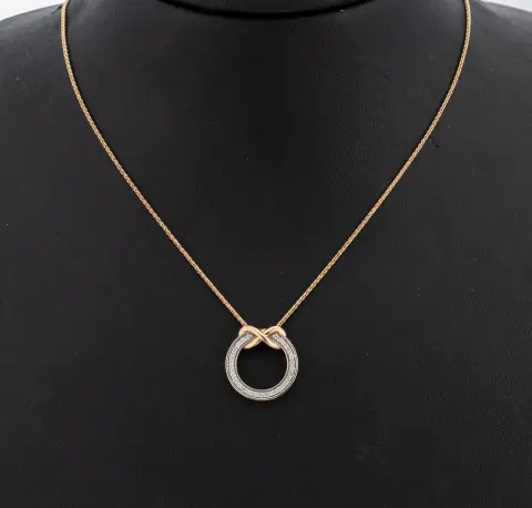 9 kt gouden diamanten hanger, RG/WG 375/000, eenvoudige cirkel met strikornament, 27