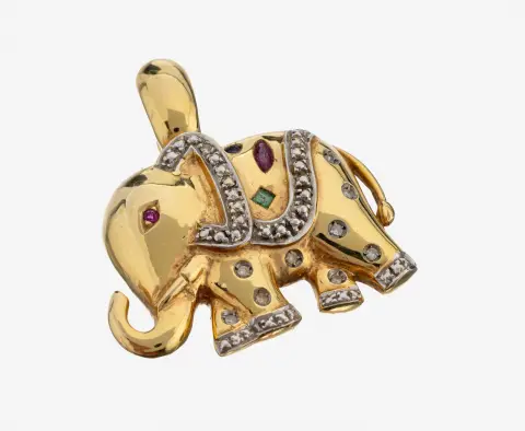 14 kt goud kleursteen-diamant hanger, geelgoud 585/000, olifant voorstelling