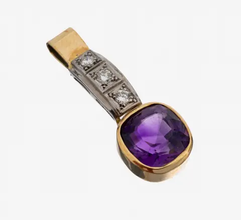 14 kt goud amethist diamant hanger, geel/witgoud 585/000 gekeurd, amethist kussen
