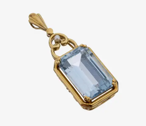 14 kt goud kleursteen parel hanger, geelgoud 585/000, lichtblauwe synthetische spinel