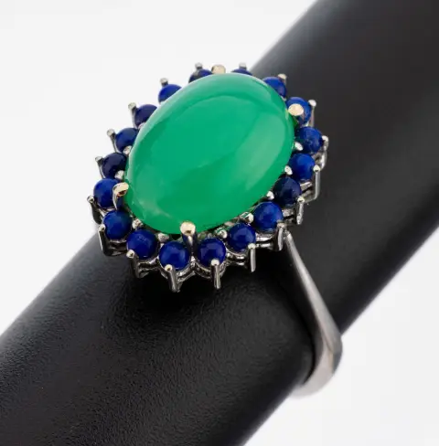 Bague chrysoprase-lapis-lazuli en or 14 ct, or blanc 585/000 testé, cabochon chrysoprase ovale
