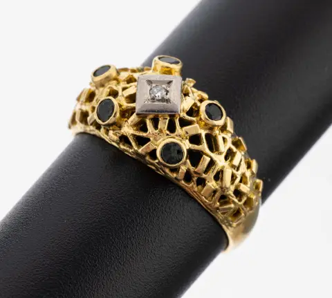 Bague diamant-pierre de couleur en or 18 ct, or jaune/blanc 750/000, design inhabituel, ajourée