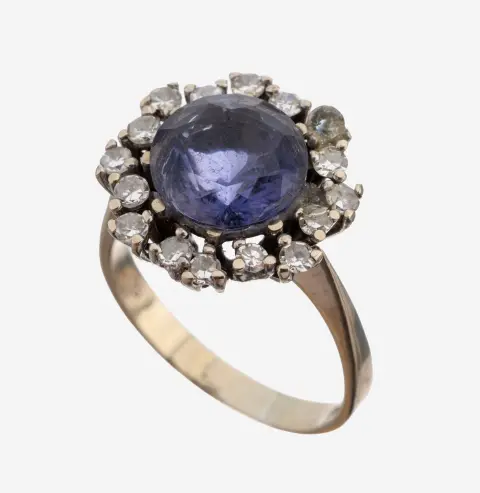 Bague tanzanite-diamant en or 14 kt, or blanc 585/000, tanzanite taille ronde env. 1,80 ct