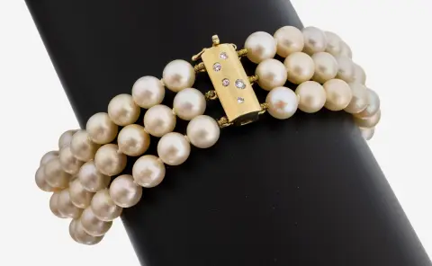 Bracelet de perles avec fermoir brillant en or 14 kt, or jaune 585/000, 3 rangs de perles de culture Akoya