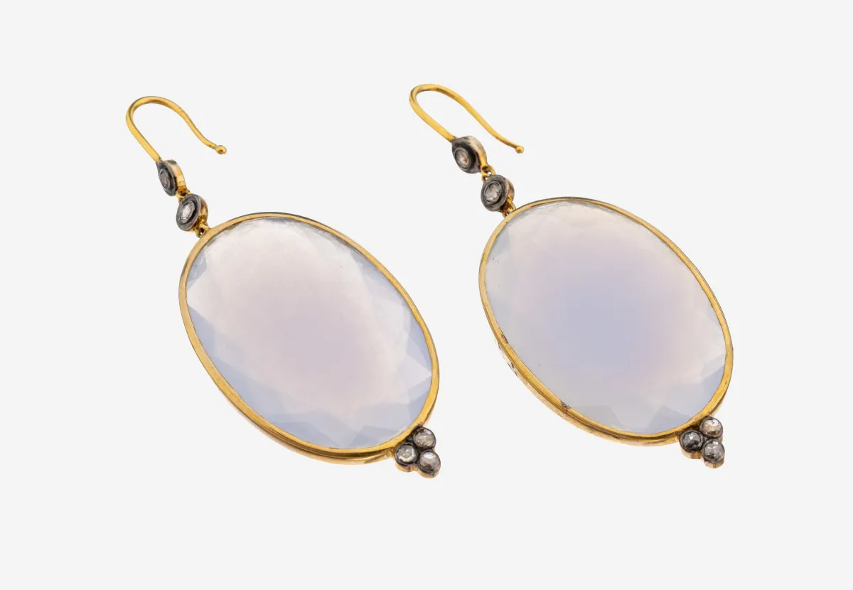 Paire de pendants d'oreilles calcédoine-diamant, argent 925 plaqué et rhodié, suspension mobile
