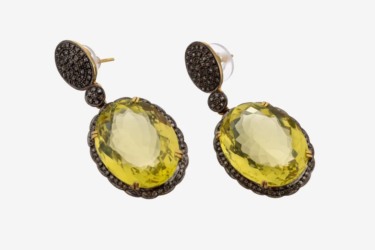 Paar Lemoncitrin-Diamant-Ohrstecker, Silbergeschw. und verg., bewegl. Abhängungen, 2