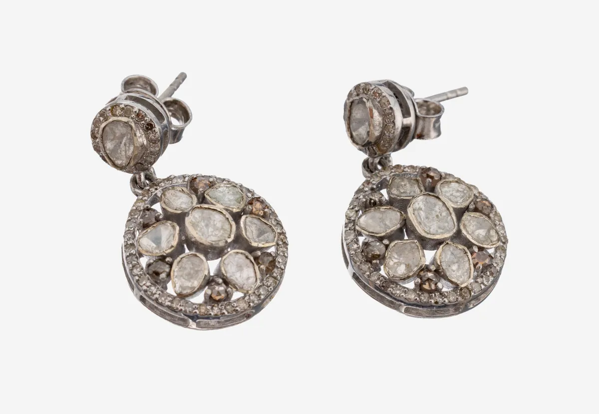Paire de boucles d'oreilles diamant, argent 925, pendentif rond mobile, 28 diamants roses et