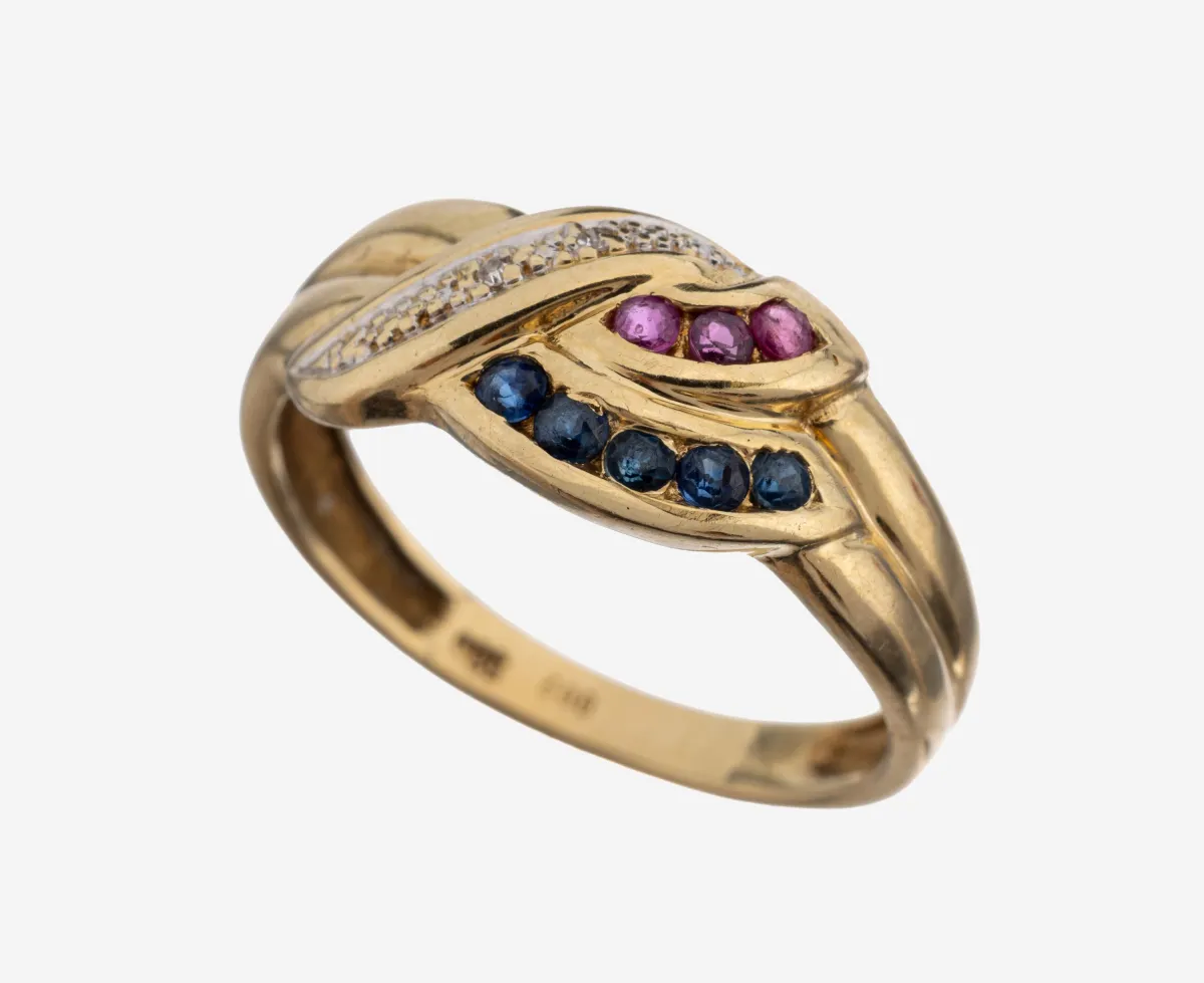 14 kt goud saffier-rubijn-diamant ring, goud 585/000, gebogen design, 5 rond-facet