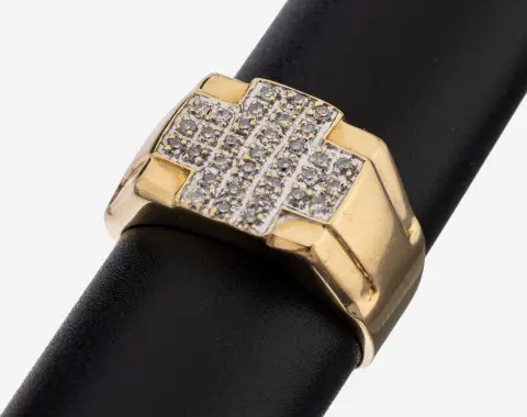 14 kt goud diamant ring, goud 585/000, ringkop met kruisvormig rodium element, 33 8/8-