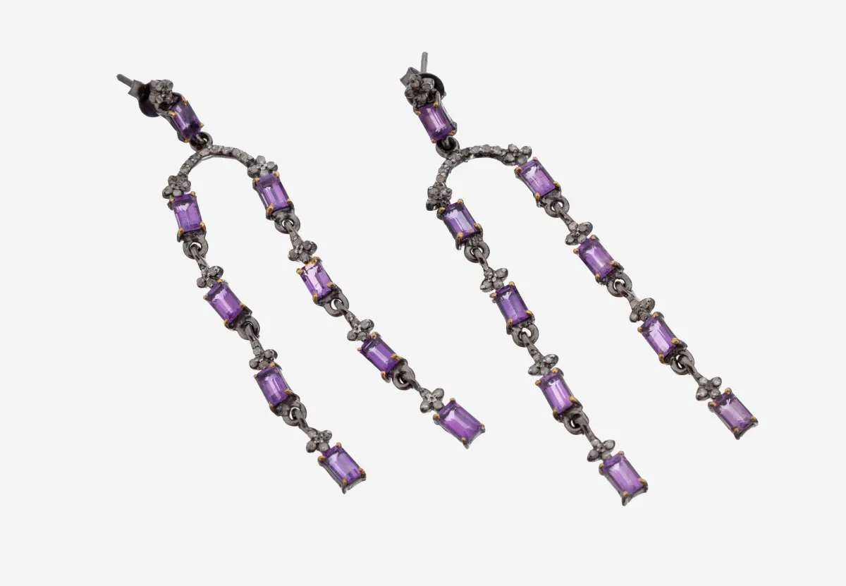 Para kolczyków amethyst-diament, srebro 925 z cechą, ruchome wisiorki, 18