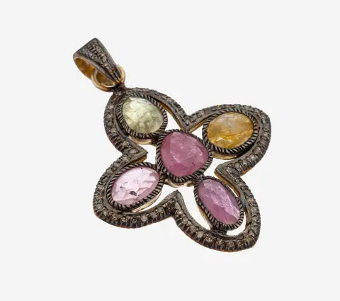 Pendentif pierre de couleur-diamant, argent plaqué et rhodié, ajouré, croix stylisée, 5