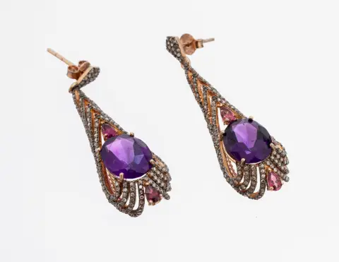 Paire de boucles d'oreilles clou améthyste-tourmaline-diamant, argent rhodié et plaqué, inhabituel