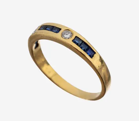 Bague or 18 ct saphir-brillant, or jaune 750/000, design épuré, 9 saphirs carrés