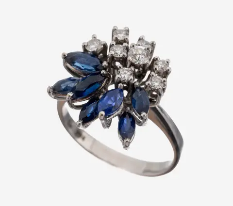 Bague or 18 ct saphir-brillant, or blanc 750/000, design inhabituel, 7 saphirs navettes