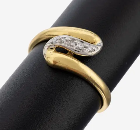 Bague diamant or 18 ct, or jaune/blanc 750/000, ondulée, 5 petites 8/8 serties en or blanc