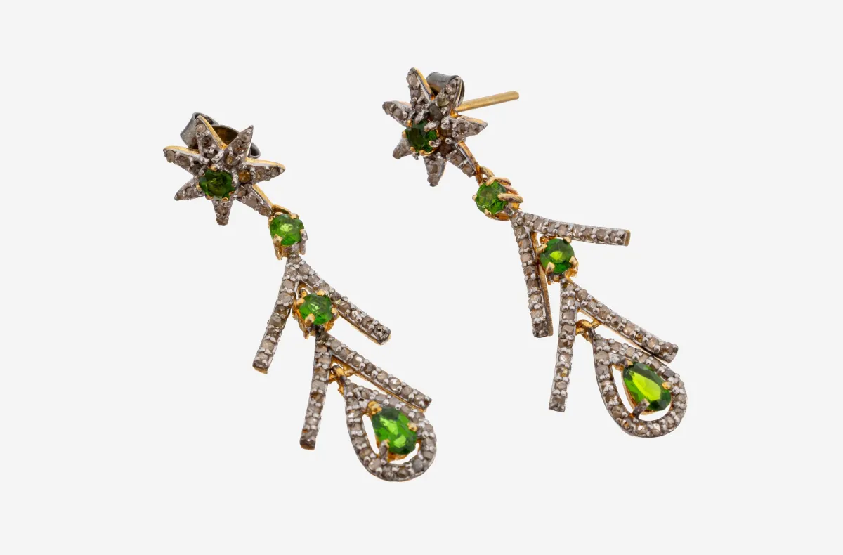 Paire de puces d'oreilles tsavorite-diamant, argent 925 partiellement doré, étoile avec mobile