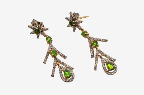 Paire de puces d'oreilles tsavorite-diamant, argent 925 partiellement doré, étoile avec mobile