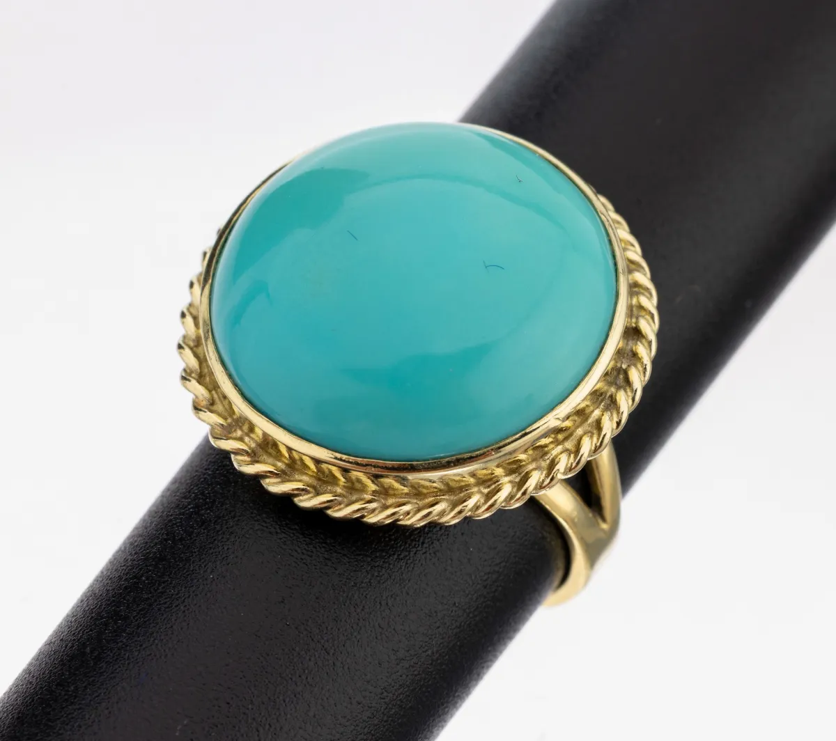Bague turquoise en or 14 kt, or jaune 585/000, cabochon turquoise rond env. 15.0 ct, taille 53, env