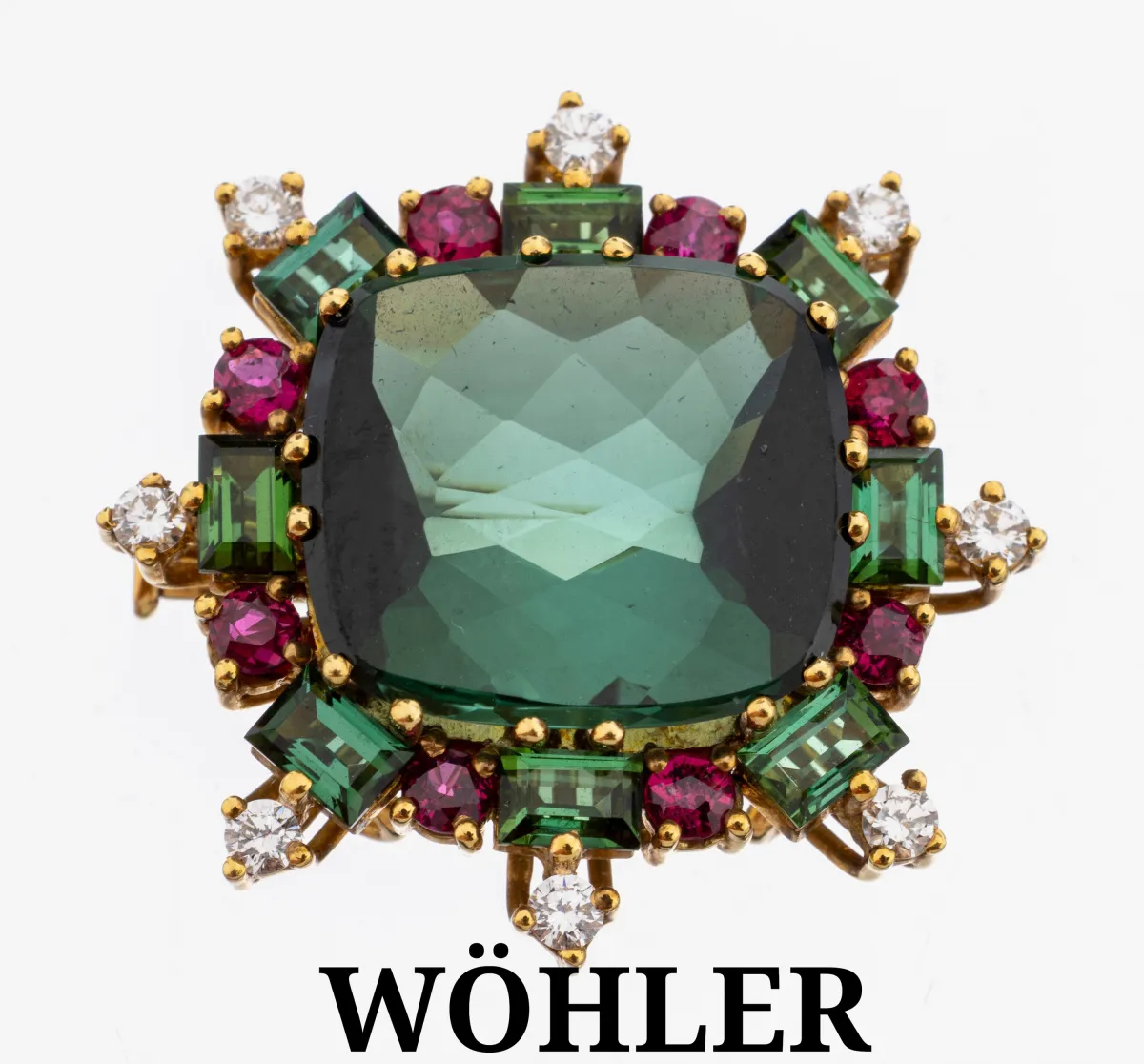 18 kt gold WÖHLER tourmaline-ruby-diamond brooch, 750/000, central tourmaline