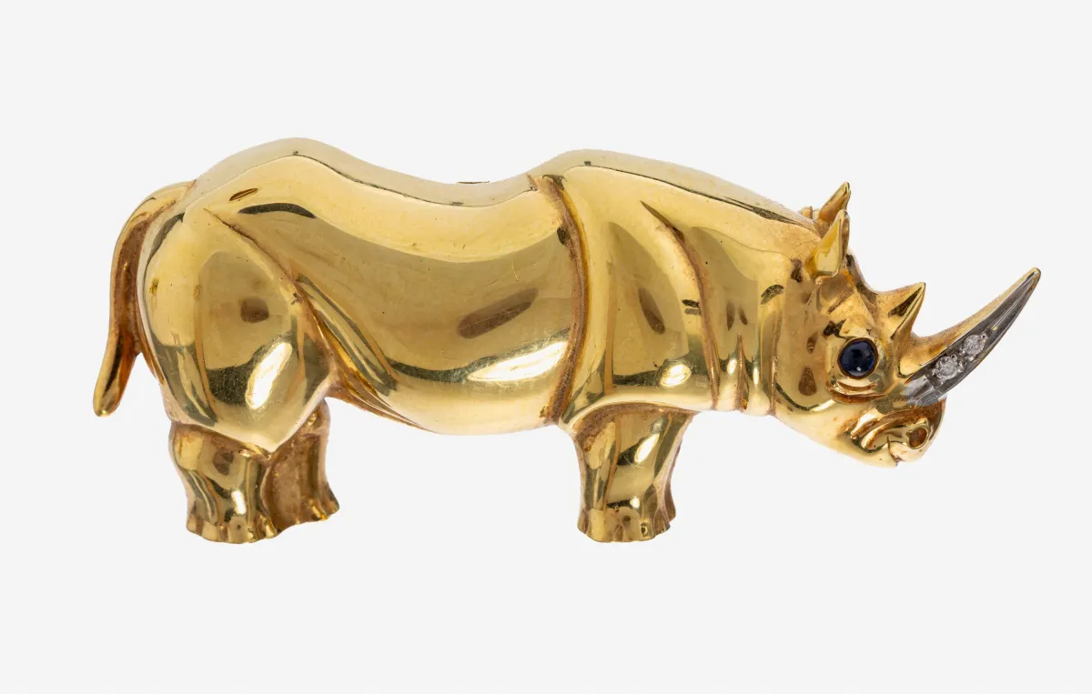 18 kt Gold Brillant-Saphir-Brosche, GG 750/000, Darstellung eines Nashorns, Horn rhod.,