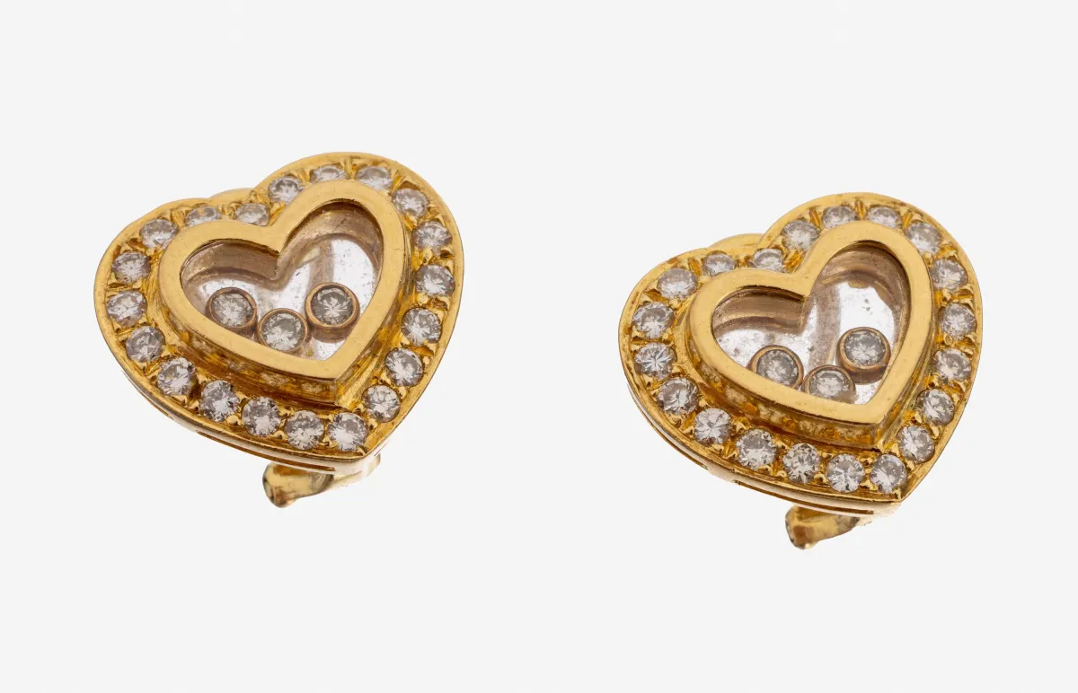 Paire de boucles d'oreilles à brillants en or 18 ct, or 750/1000, cœur, 46 brillants dont 6 mobiles