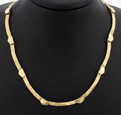 14 kt gouden collier, gemerkt 585/000, abstracte schakels, l. ca. 41 cm,