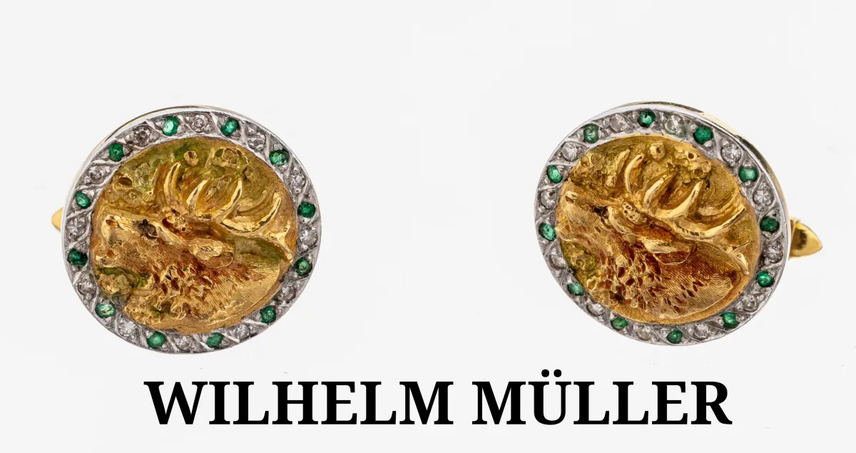 Paar 18 kt Gold Diamant-Smaragd- Manschettenknöpfe, GG/WG 750/000, rund, Relief mit