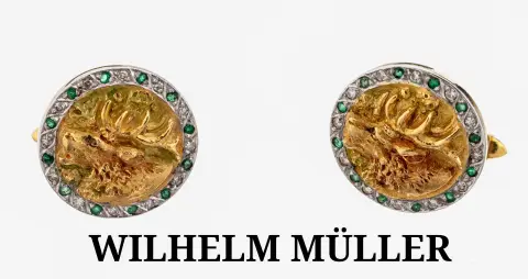 Paar 18 kt goud diamant-smaragd manchetknopen, geel/wit goud 750/000, rond, reliëf met