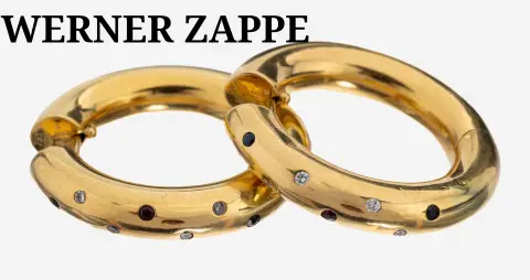 Paire de créoles WERNER ZAPPE or 18 kt avec brillants, saphirs et rubis, or gris 750/000, sobre, 8