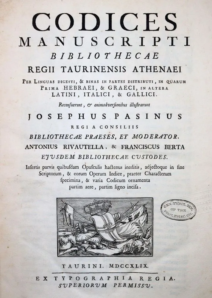 Pasini,G. – Codices Manuscripti Bibliothecae Regii Taurinensis Athenaei