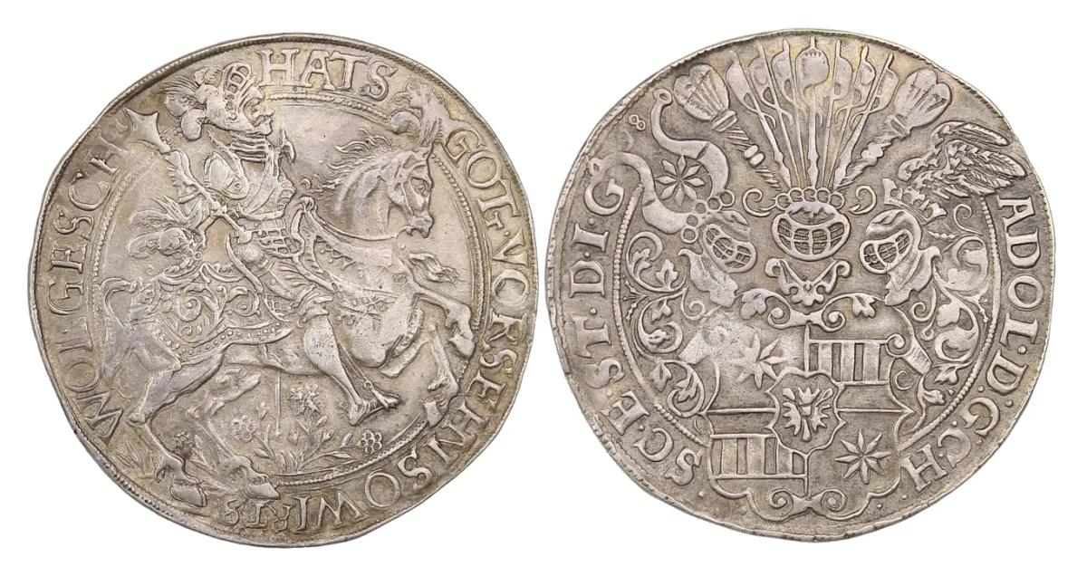 Šlesvicko za Adolfa XI. (1581–1601) – Široký 1 1/4 tolar, Ø 55 mm, 36 g, 1598, VF+/téměř EF, velmi vzácný