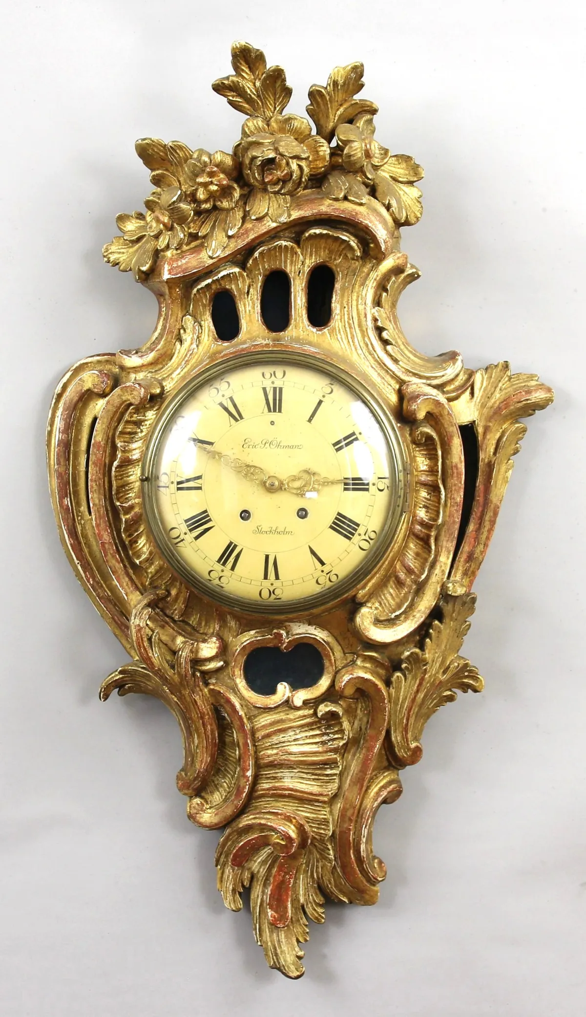 Rococo – wall clock – carved, polished and gilded wooden case, signed "Eric P. Öhmann Stockholm", H 75 cm, W 42 cm, Stockholm around 1770, later Lenzkirch movement
