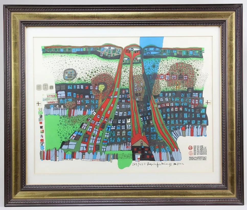Hundertwasser, Friedensreich (Vienna 1928 – 2000 aboard the Queen Elisabeth) – colour serigraph "Let us pray – Manitou wins" with…