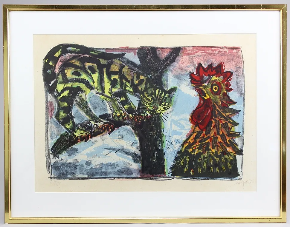 Dix, Otto (Gera 1891 – 1969 Singen) – Lithographie couleur « Hahn und Katze II » sur vélin, image 42 x 62,5 cm