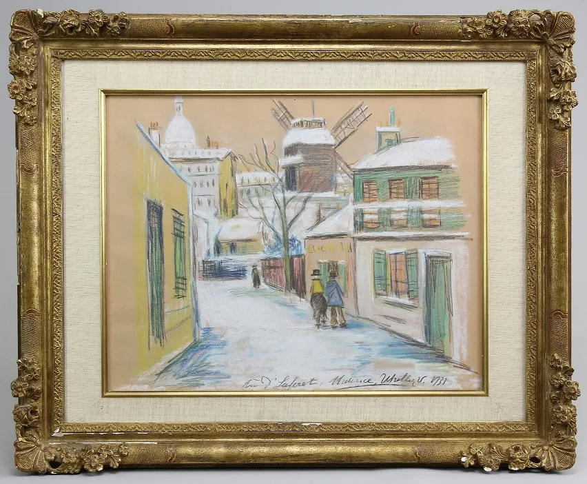 Utrillo, Maurice (Paris 1883 – 1955 Dax) – Zeichnung, Pastell auf braunem Papier, winterliche Straße am Montmartre mit Blick auf die…
