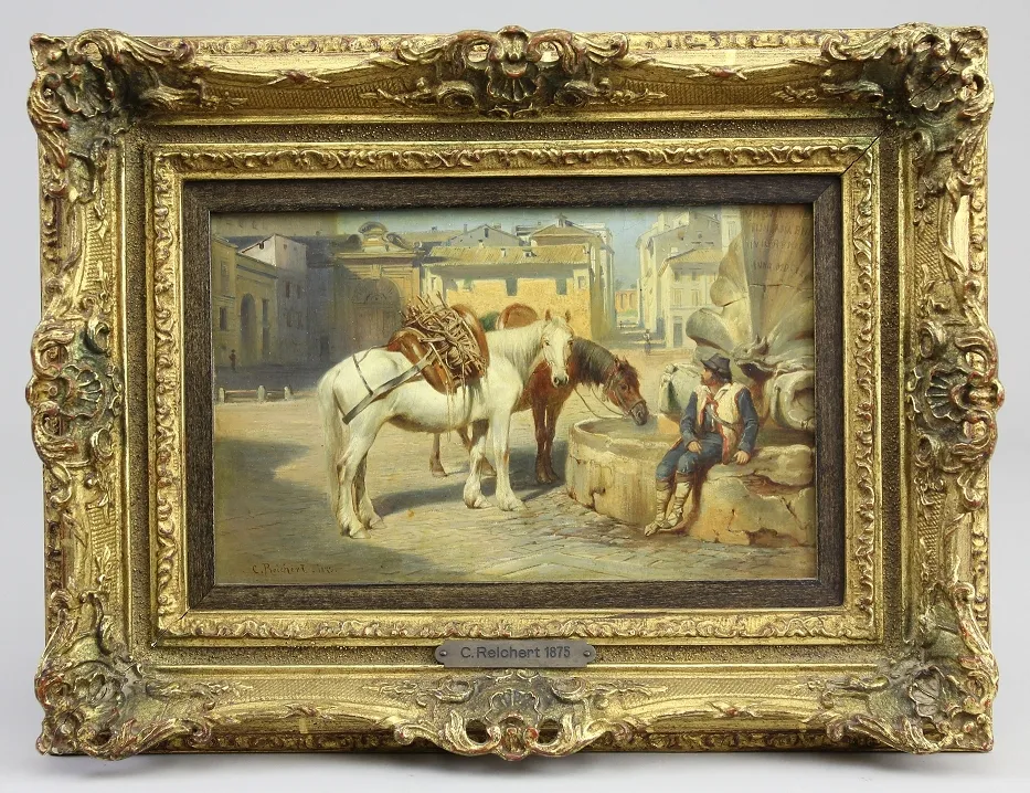 Райхерт, Карл (Вена 1836 – 1918 Грац) – картина «Rast am Fontana della Api in Rom», подпись и дата «C. Reichert. 1875.», 14 x 23 см